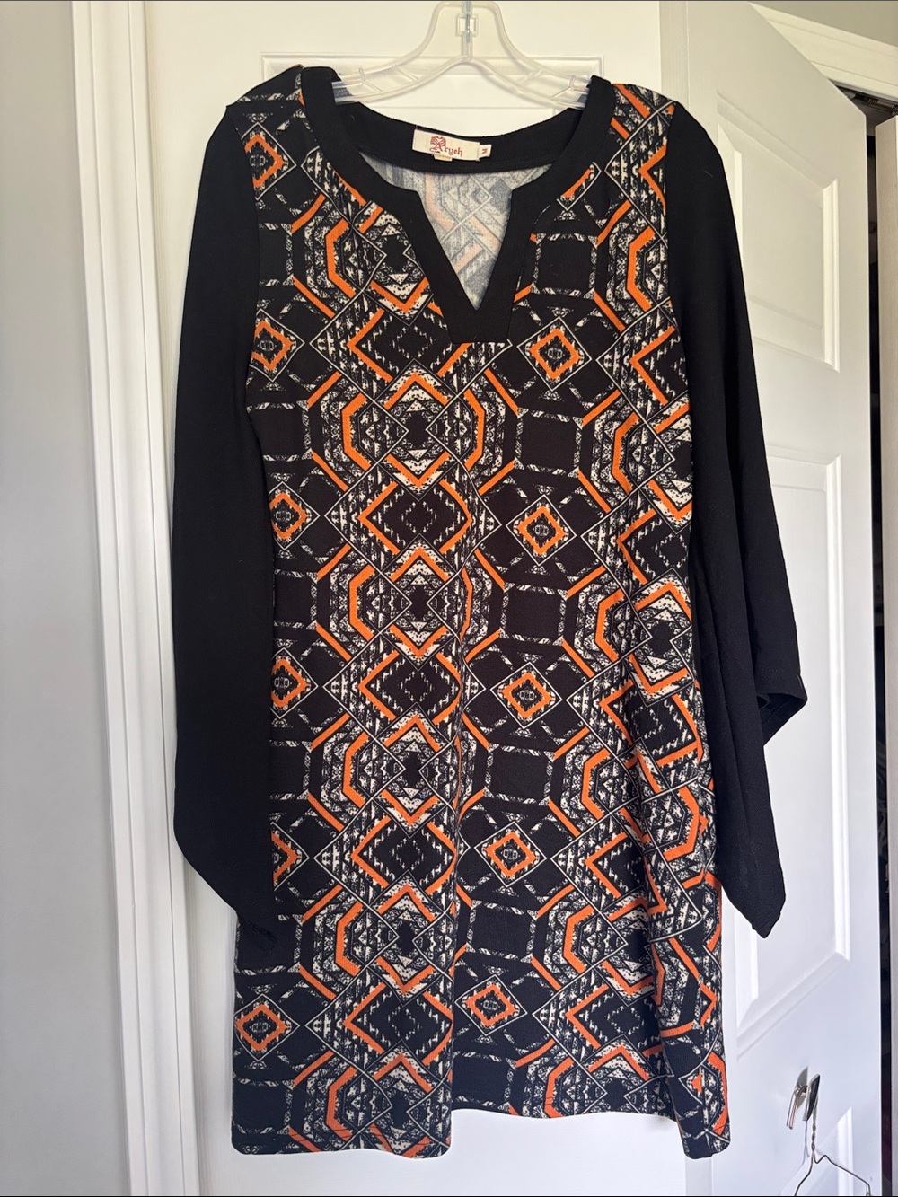 Aryeh Black Long Sleeve Dress with Orange Geometric Print